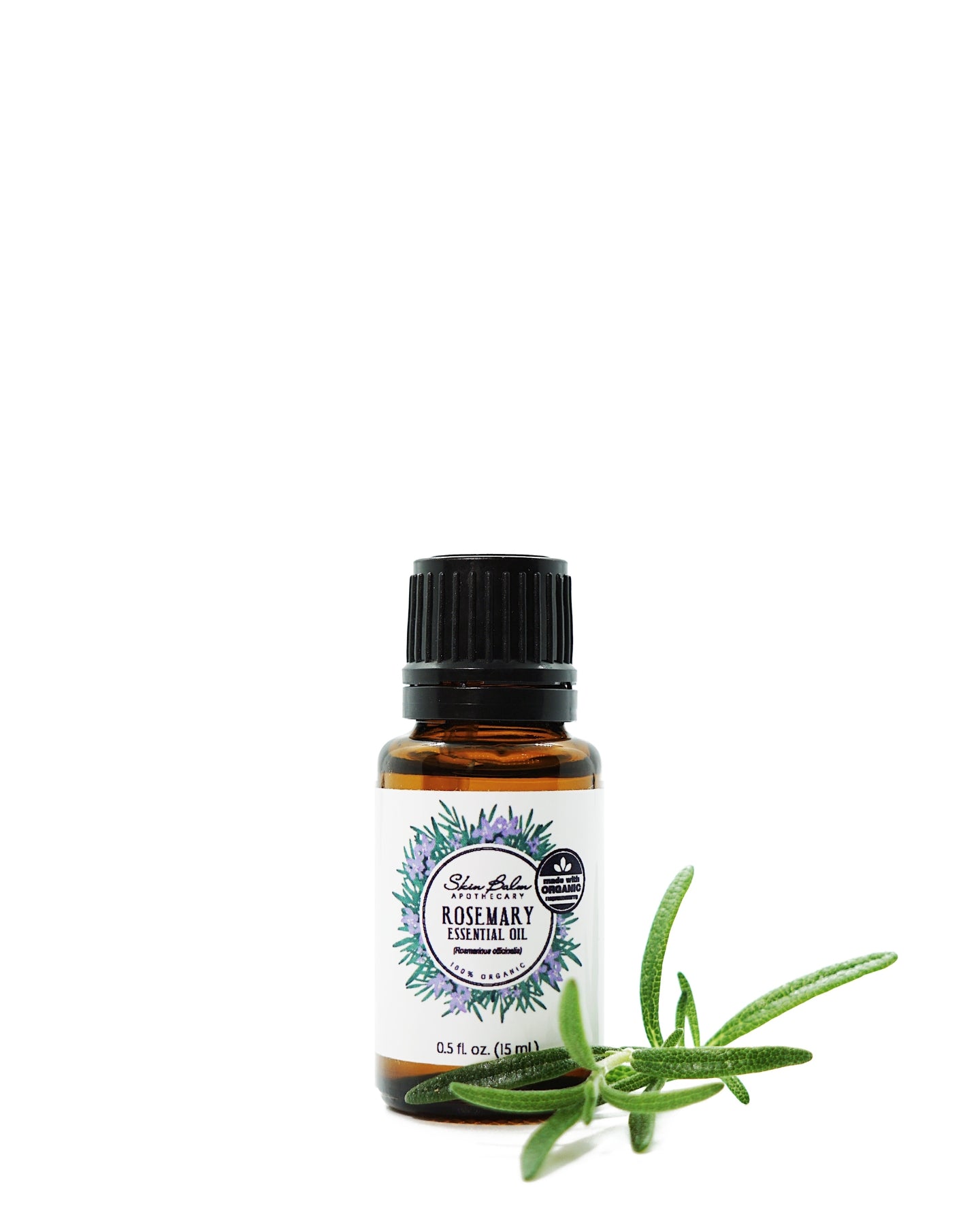 Organic Rosemary Essential Oil with a rosemary stem against a white background.
