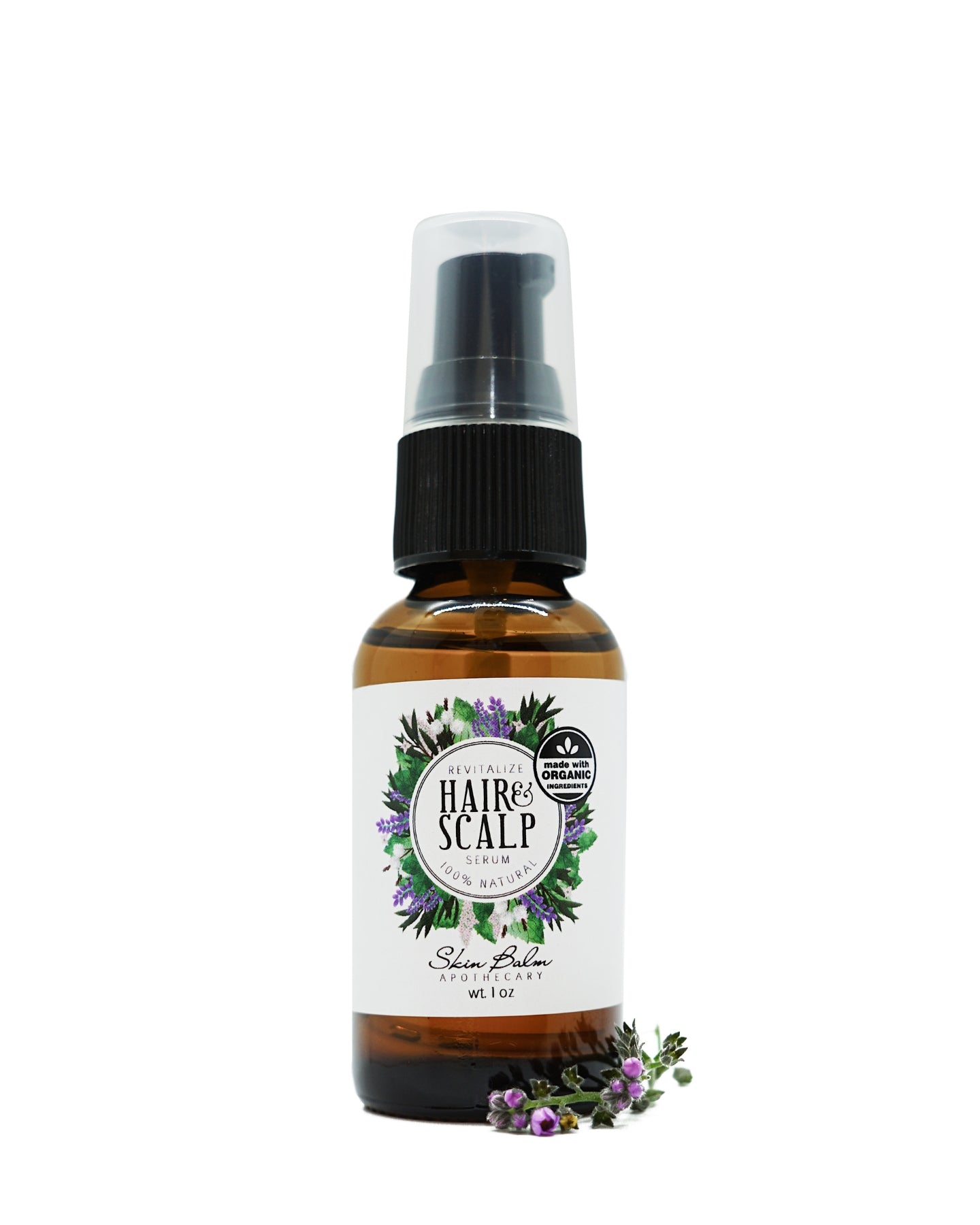 Revitalize Hair & Scalp Serum with purple flowers against a white background.